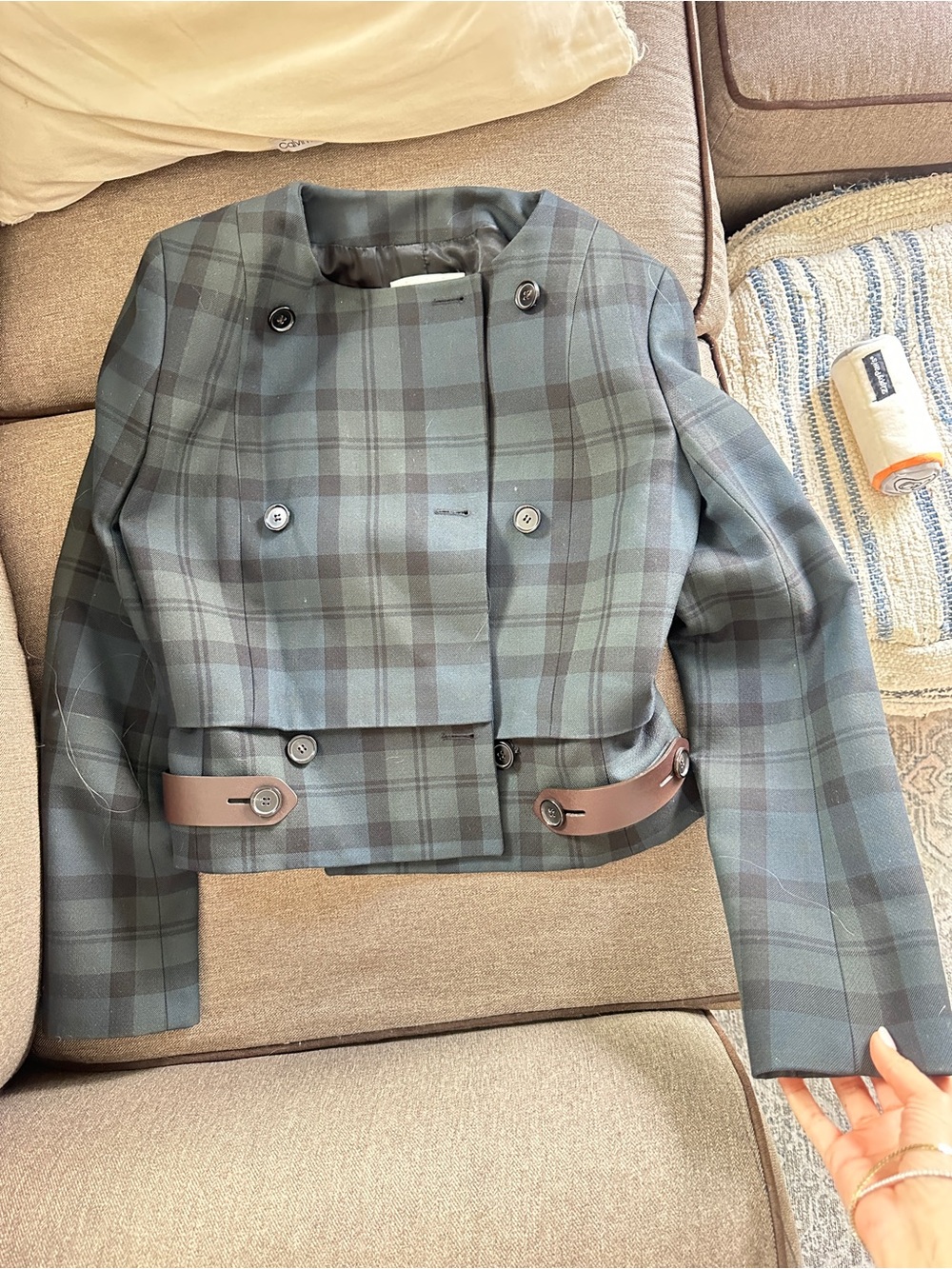 Chloé Blue Plaid Cropped Wool Jacket - Picture 7 of 7